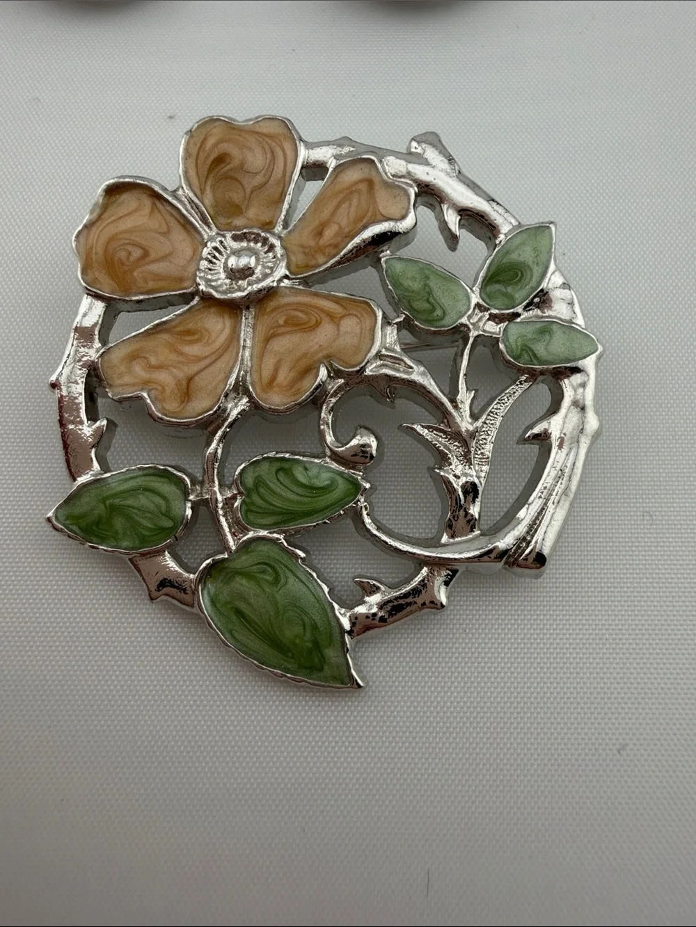 Vintage Enamel Floral Brooch and Earring Set in Cream and Green
